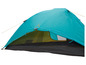 Une tente turquoise avec un intérieur jaune et noir.