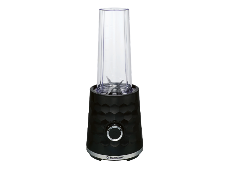 Mélangeur à smoothie noir avec gobelet transparent et base texturée.