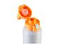 Bouteille d'eau blanche avec couvercle orange ouvert et bouton de verrouillage