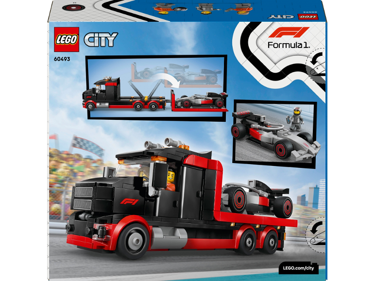 Transporteur de voitures de course LEGO City avec voiture de Formule 1 et figurines de pilotes.