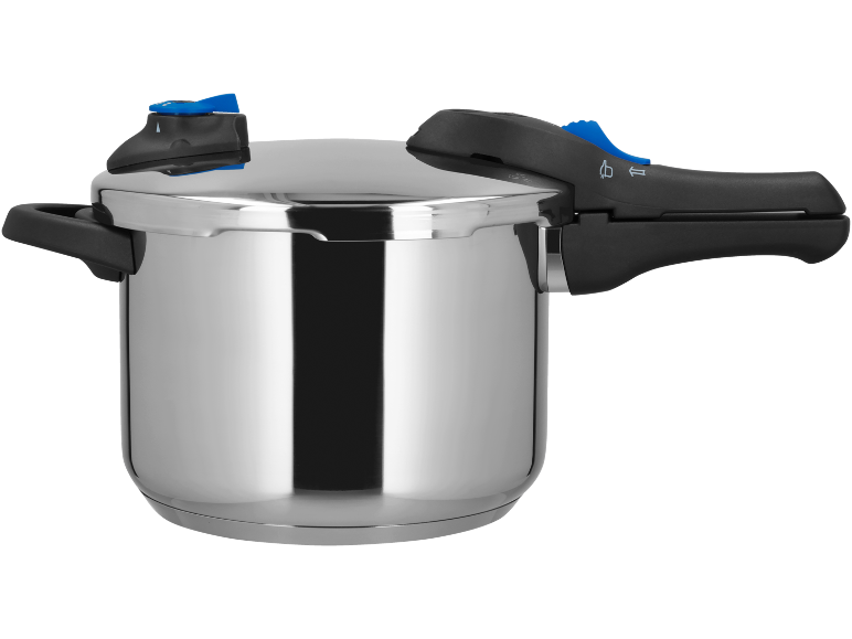Autocuiseur en acier inoxydable avec poignées noires et accents bleus