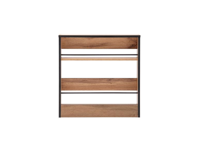 Étagère en bois avec cadre noir et trois compartiments ouverts.