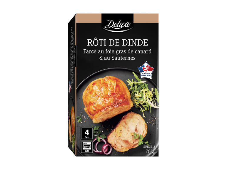 Rôti de dinde Deluxe surgelé, farce au foie gras de canard et au Sauternes, 700 g.