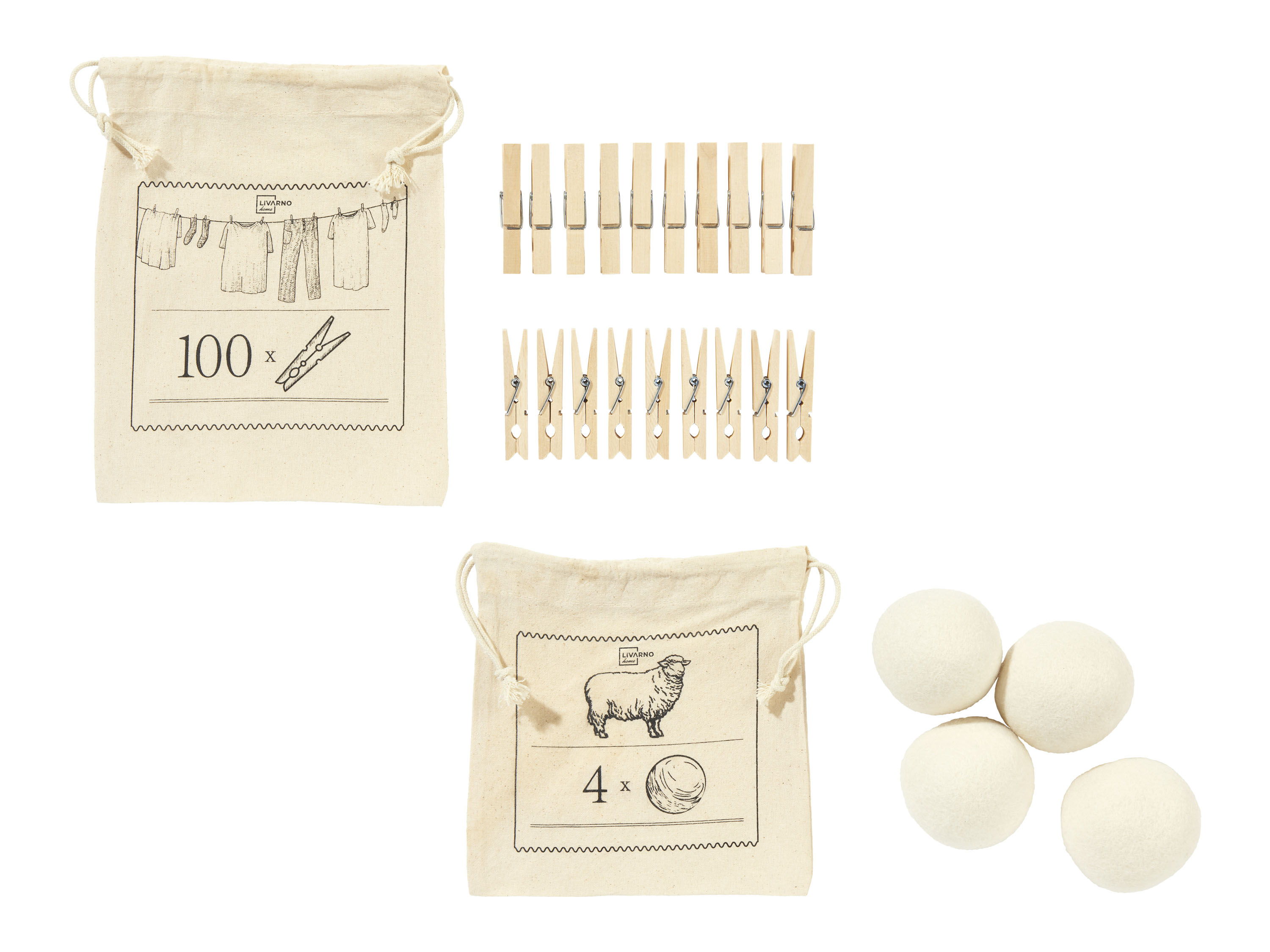 LIVARNO home Pinces à linge en bois ou boules en laine pour sèche-linge
