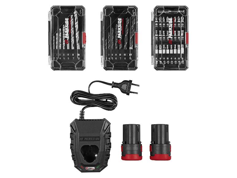 Ensembles de forets et embouts de vissage Parkside, chargeur et deux batteries.
