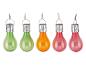 Cinq ampoules LED solaires colorées avec clips, en vert, orange et rose.