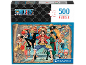 Puzzle de 500 pièces One Piece avec des personnages d'anime sur fond de carte.