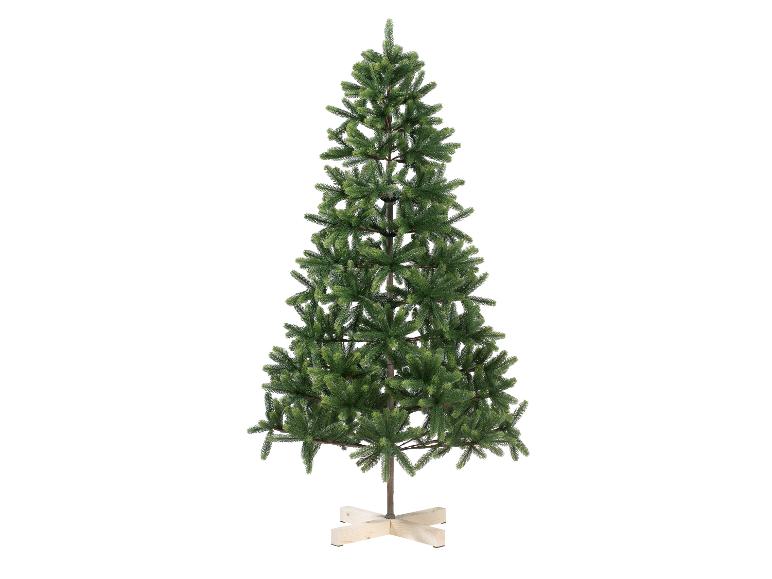 Sapin de Noël artificiel avec des aiguilles vertes et une base en bois.