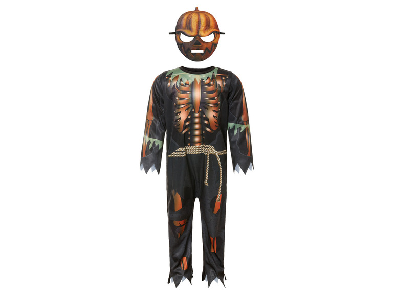 Un costume d'Halloween avec un motif de squelette et un masque de citrouille.