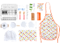 Jeu de cuisine pour enfants avec vaisselle, tablier, toque de chef et accessoires.