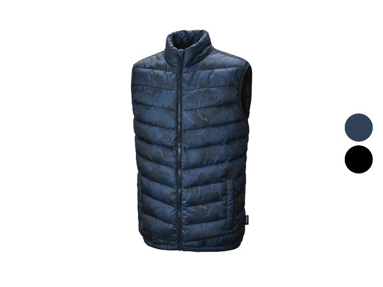 Gilet matelassé bleu foncé avec motif éclair et options de couleur.