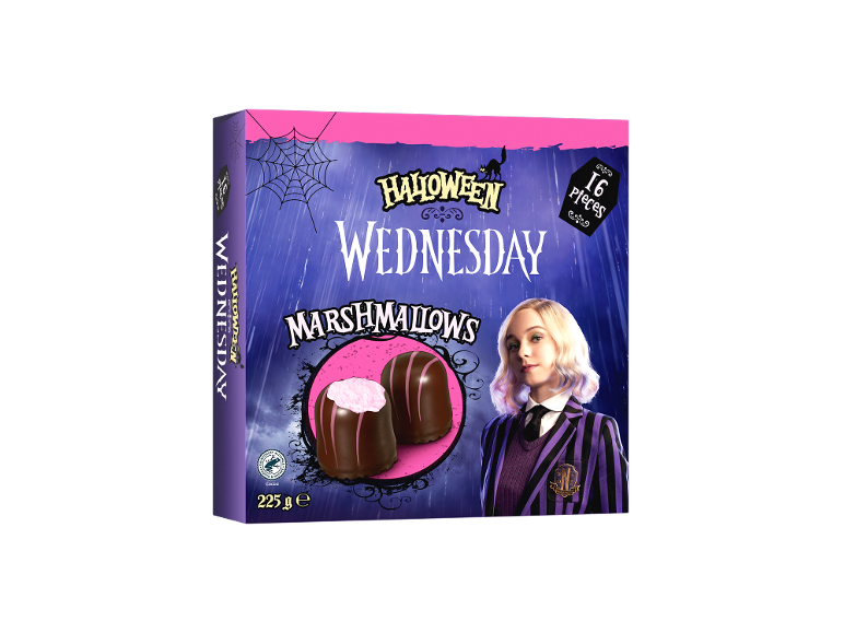 Boîte de guimauves sur le thème d'Halloween Mercredi, 16 pièces, 225g.