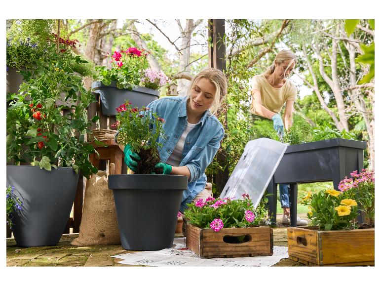 Deux femmes plantent des fleurs et des légumes dans des pots et des jardinières surélevées.