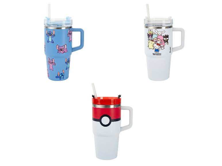 Mugs isothermes avec anse : bleu avec Stitch, blanc avec Hello Kitty et rouge-blanc Poké Ball.