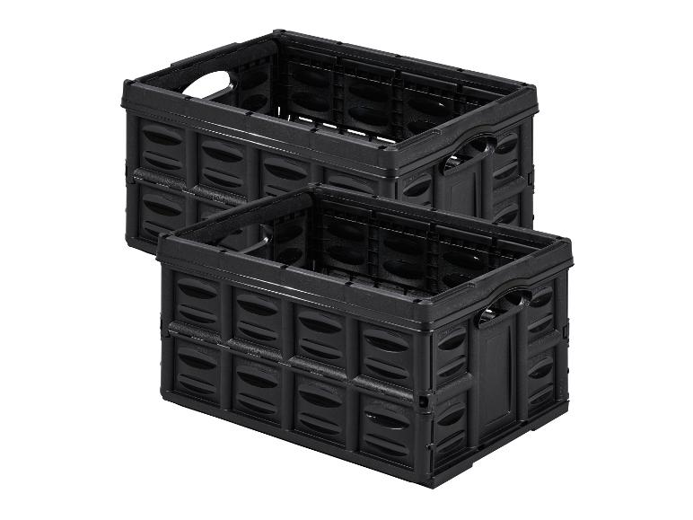 Deux caisses de rangement pliables noires en plastique