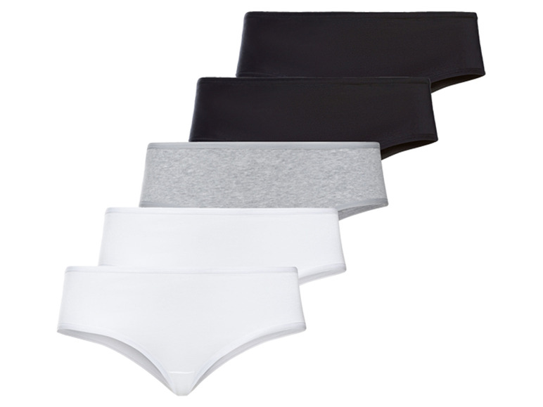 Un lot de cinq culottes en coton noir, gris et blanc.