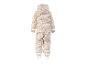 Combinaison de pluie beige pour enfants avec imprimé floral rose et détails réfléchissants.