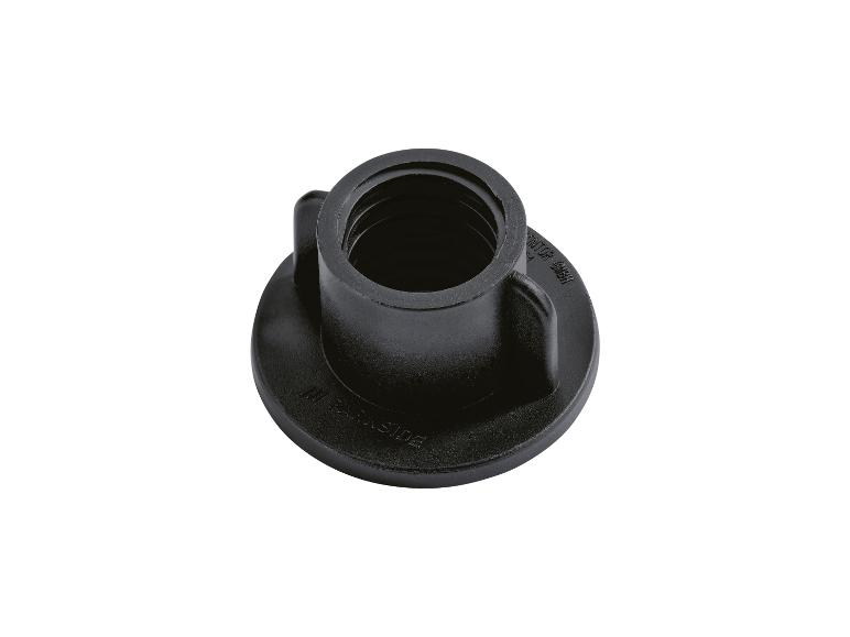 Un connecteur fileté en plastique noir avec une base ronde et deux ailettes latérales.