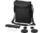 Sac noir pour jumelles avec sangle, chiffons de nettoyage et capuchons d'objectif.