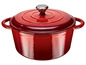 Une casserole en fonte rouge avec un couvercle.