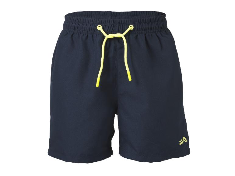Short de bain homme bleu foncé avec cordon de serrage jaune et petit logo jaune.