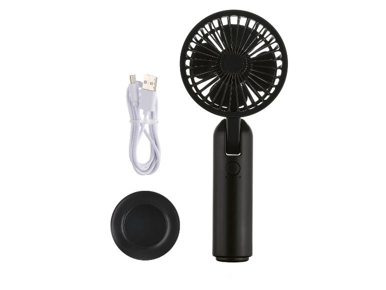 Ventilateur de poche noir, câble USB et socle.