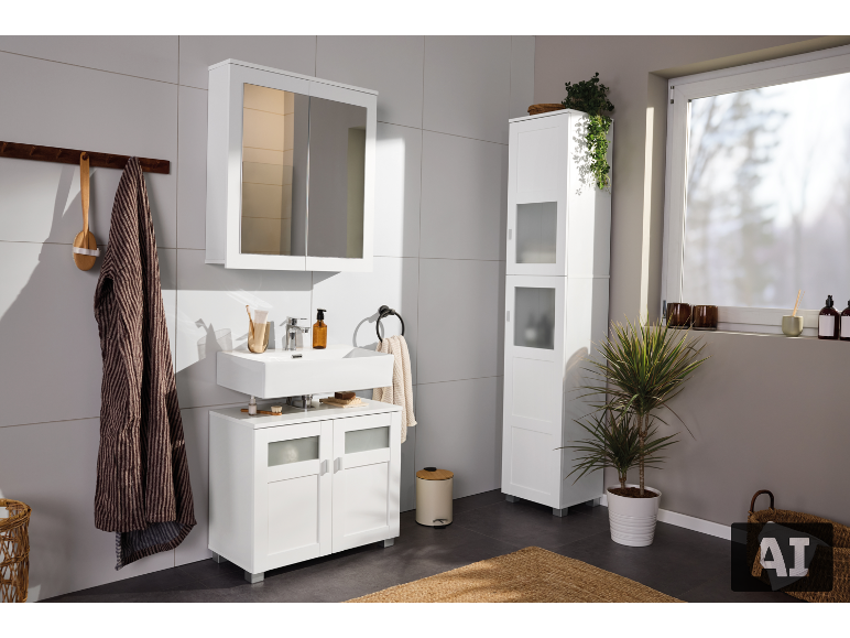 Salle de bain lumineuse avec meubles blancs, armoire miroir, lavabo et plantes.