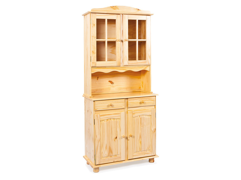 Un buffet en bois avec des portes en verre et des tiroirs.