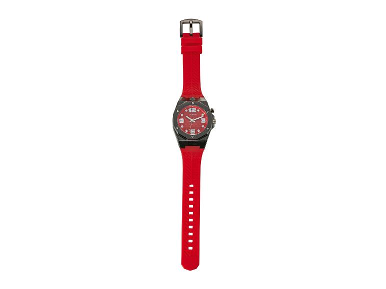 Montre rouge avec un boîtier noir et un bracelet en silicone rouge.