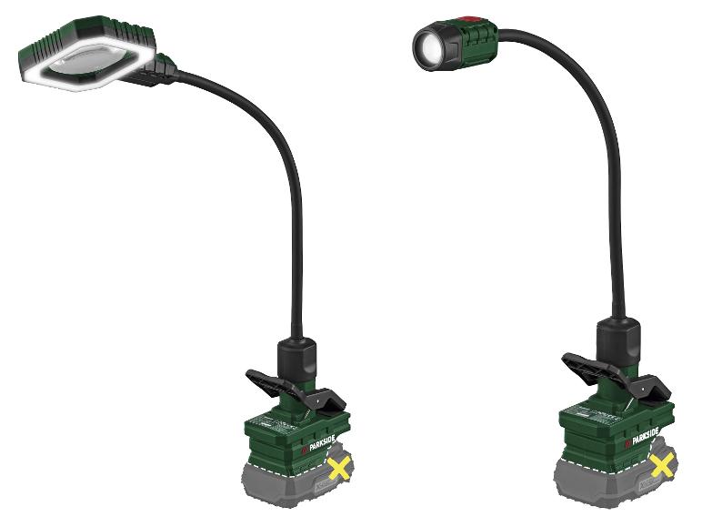 Deux lampes de travail flexibles avec bases à pince, l'une avec un panneau LED rectangulaire et l'autre avec un spot.