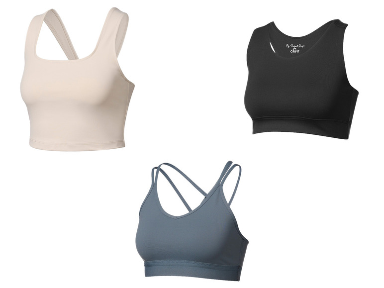Trois soutiens-gorge de sport dans différentes couleurs et styles, dont un soutien-gorge de sport noir Crivit.