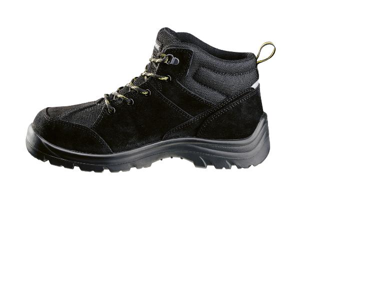 Chaussure de sécurité noire avec lacets jaunes et noirs.
