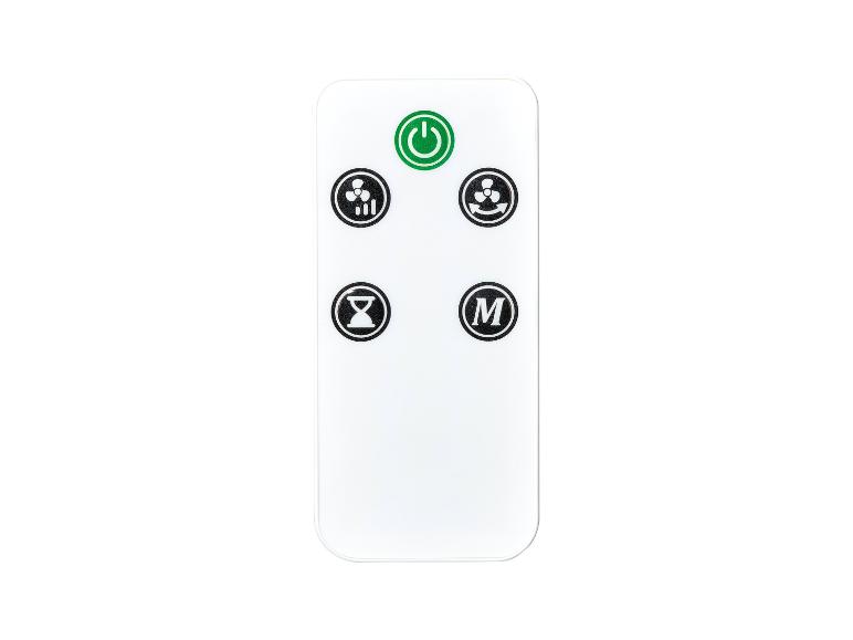 Télécommande blanche avec bouton d'alimentation vert et icônes noires de ventilateur, minuterie et mode