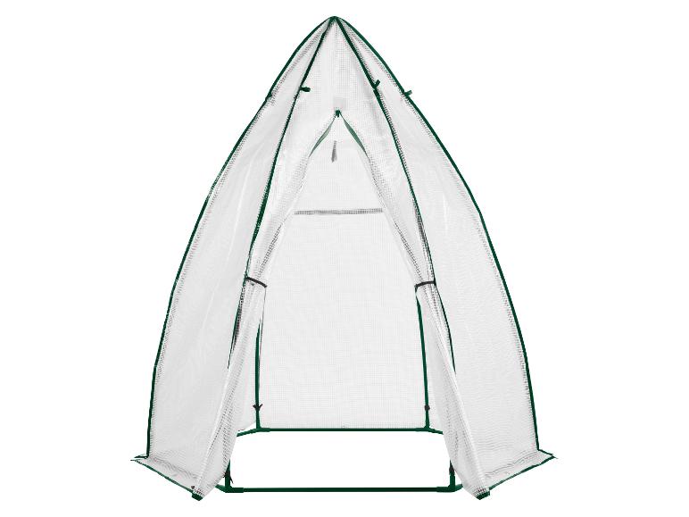 Serre portable avec une couverture transparente et un cadre vert.