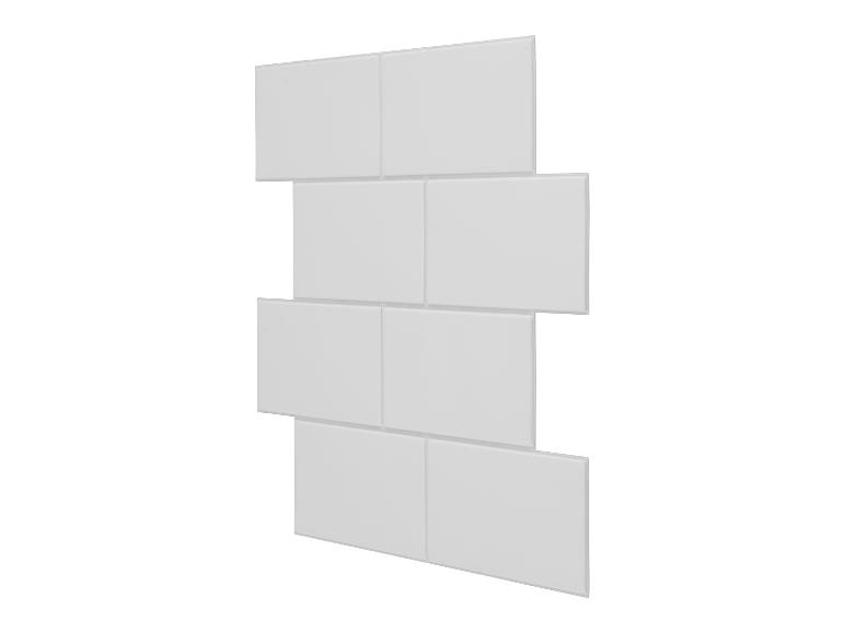 Carreaux blancs brillants disposés en chevrons sur fond blanc.