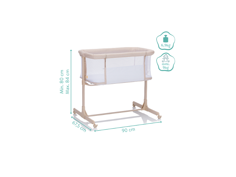 Lit bébé beige avec dimensions (90x67,5 cm, hauteur 80-84 cm) et informations de poids (6,9 kg, max. 9 kg).