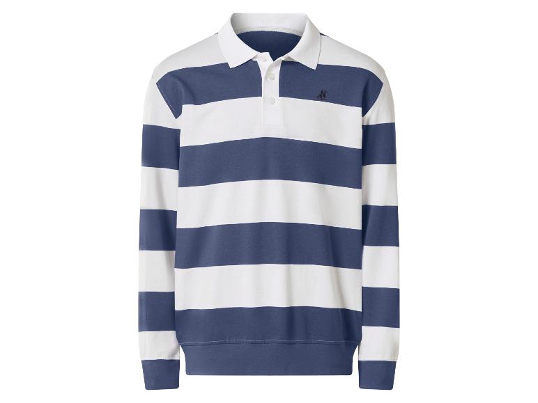 Polo à manches longues rayé blanc et bleu avec col blanc et boutons