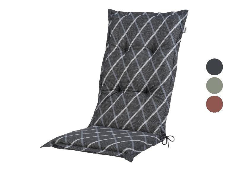 Coussin de chaise à dossier haut LIVARNO HOME avec motif à carreaux gris et échantillons de couleurs.