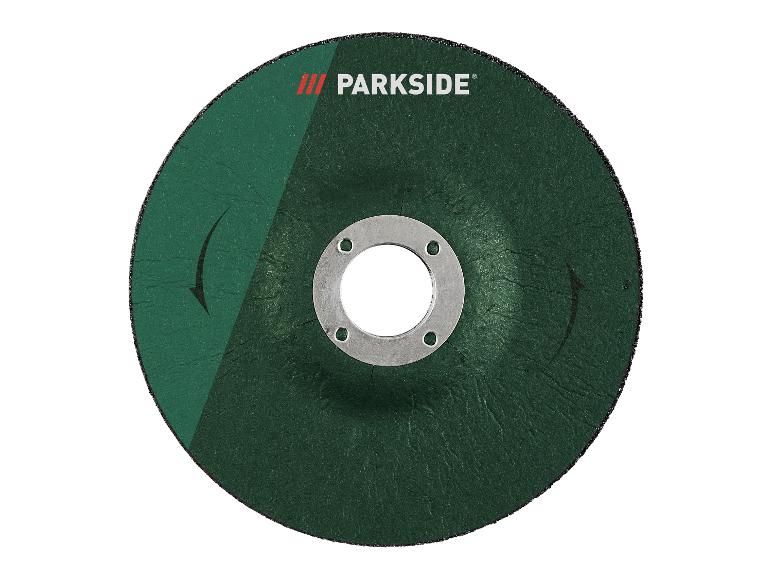 Disque de coupe ou de meulage vert avec centre métallique et flèches de rotation.