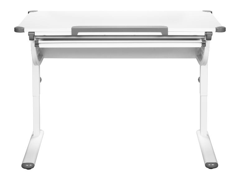 Bureau d'étude blanc réglable en hauteur avec plateau inclinable et tiroir.