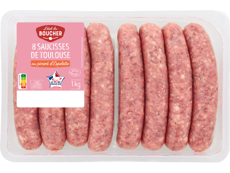 8 saucisses de Toulouse au piment d'Espelette, 1 kg.