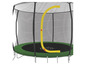 Un trampoline avec un filet de sécurité et un arceau de sécurité jaune.