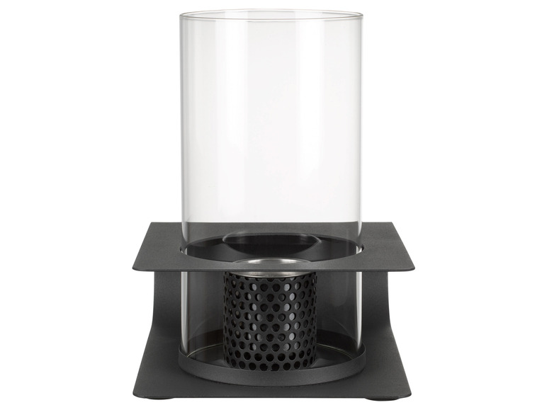 Un bougeoir en métal noir avec un cylindre en verre.