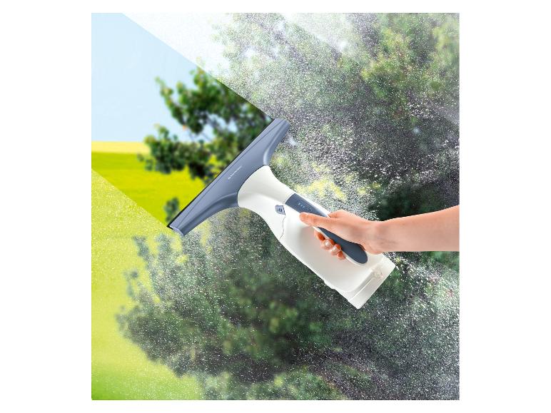 Main tenant un nettoyeur de vitres, nettoyant une fenêtre avec vue dégagée