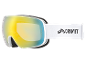 Masque de ski blanc avec verres miroirs jaunes et bleus, avec l'inscription 'S3 SPEQ GmbH'.