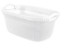Un panier de rangement ovale blanc avec des poignées.
