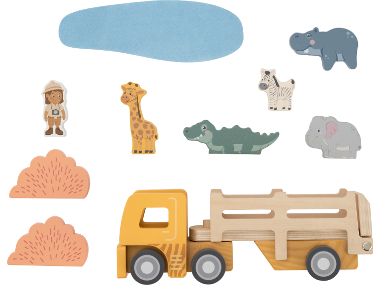 Jouet en bois sur le thème du safari avec un camion, des animaux et un explorateur.