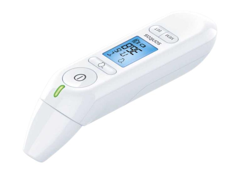 Thermomètre frontal et auriculaire numérique blanc avec écran LCD affichant 36.6°C.