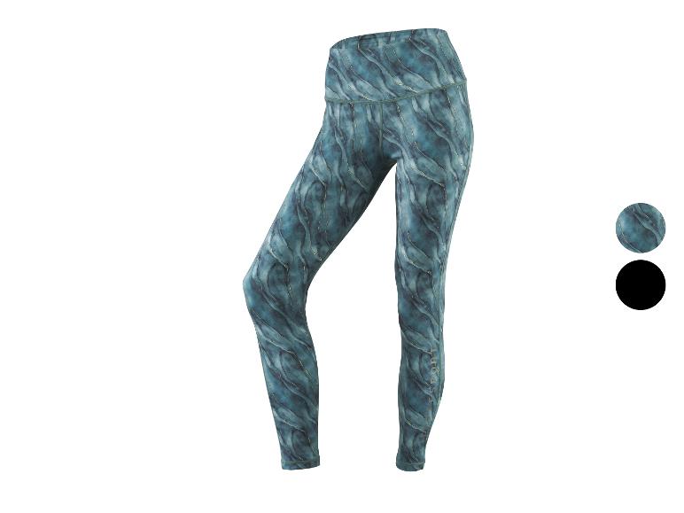 Legging de sport femme à motif marbre turquoise et or, avec le mot « SPORT » sur le mollet.