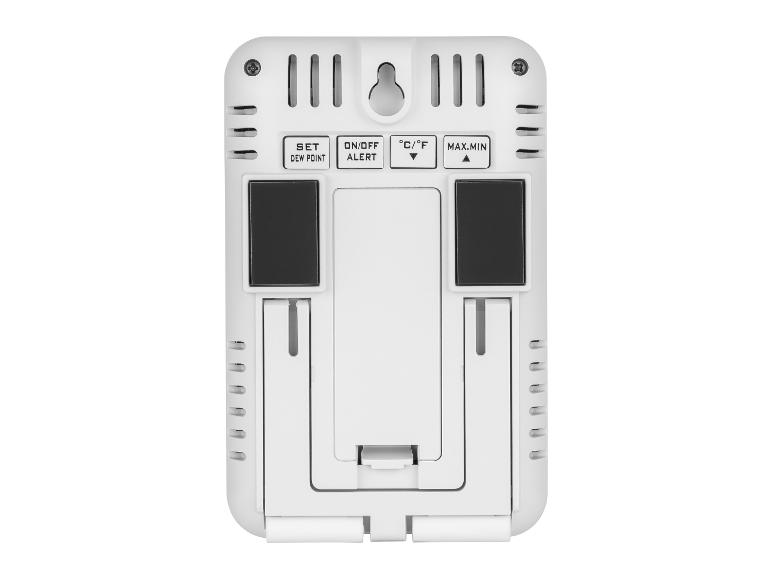 Dos d'un thermomètre numérique blanc avec boutons et support